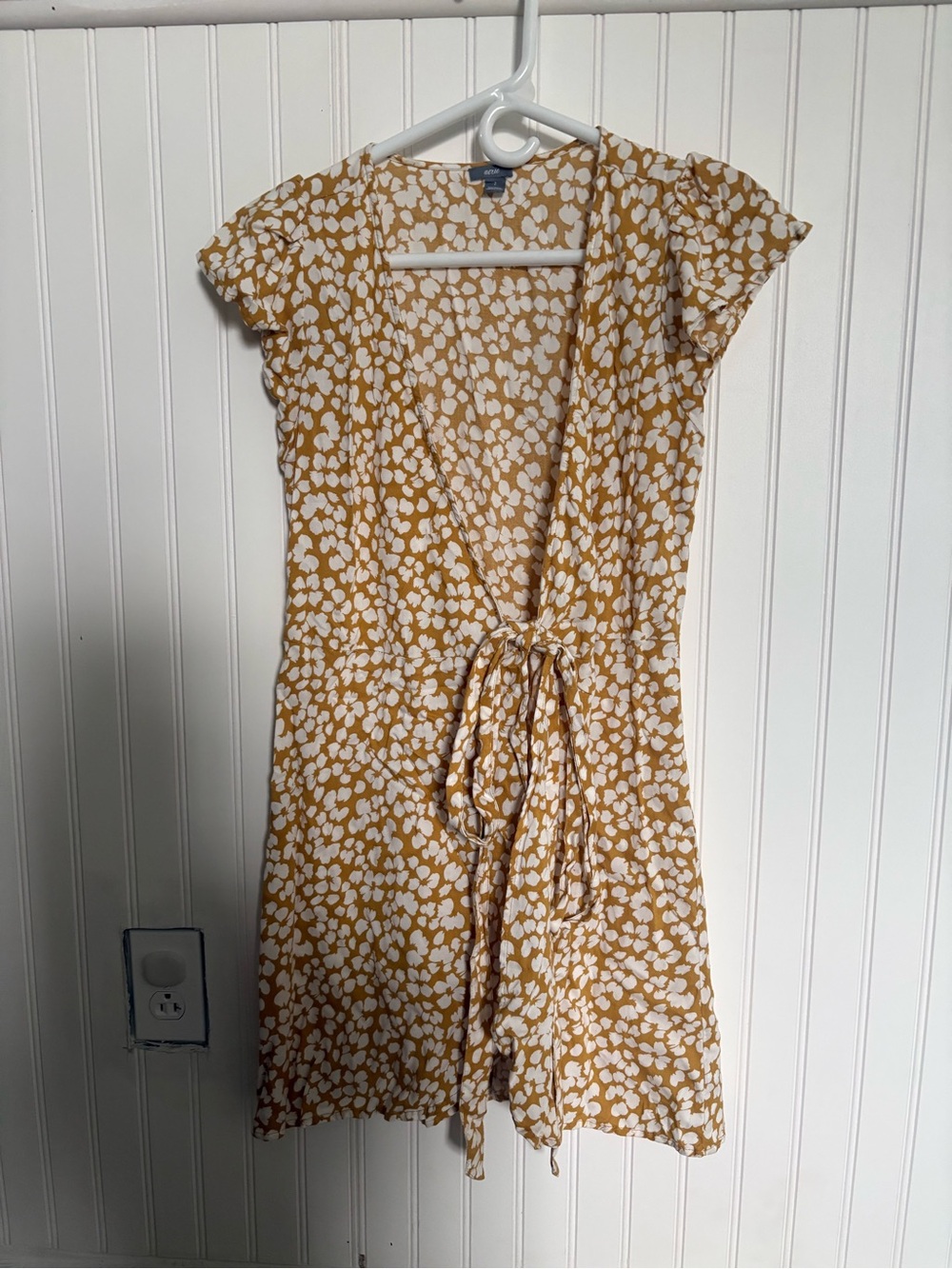 aerie Mustard and White Floral Wrap Mini Dress